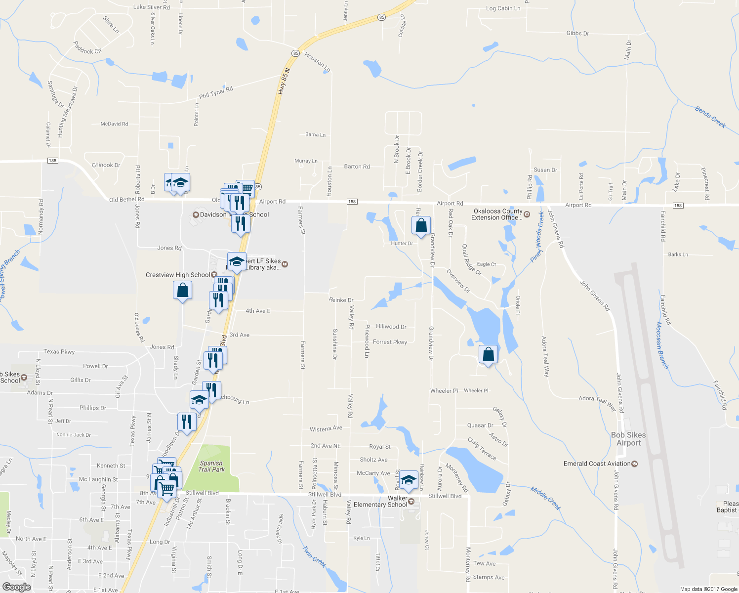 map of restaurants, bars, coffee shops, grocery stores, and more near 5711 Reinke Drive in Crestview