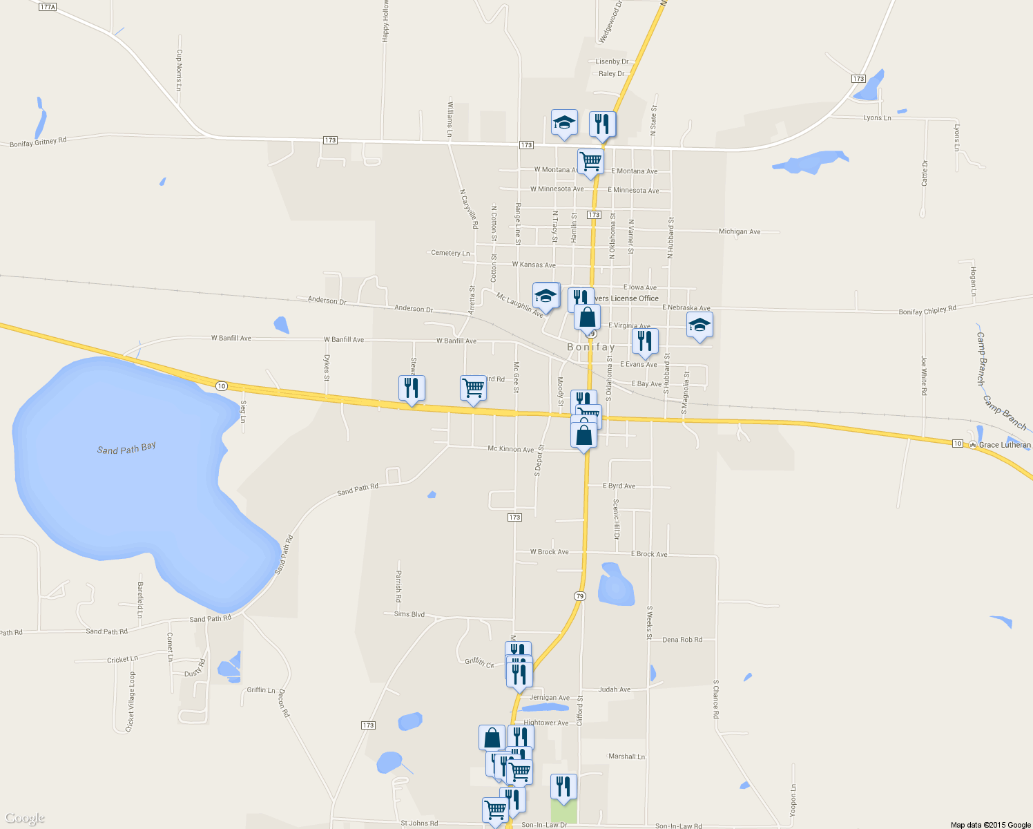 map of restaurants, bars, coffee shops, grocery stores, and more near County Road 10 in Bonifay
