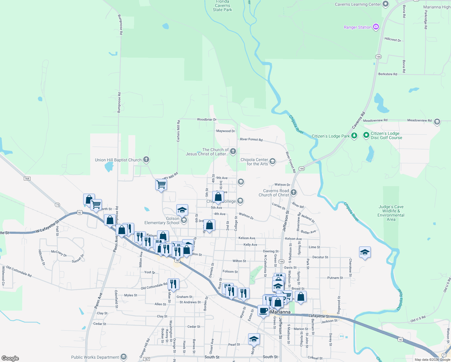 map of restaurants, bars, coffee shops, grocery stores, and more near 4332 8th Avenue in Marianna