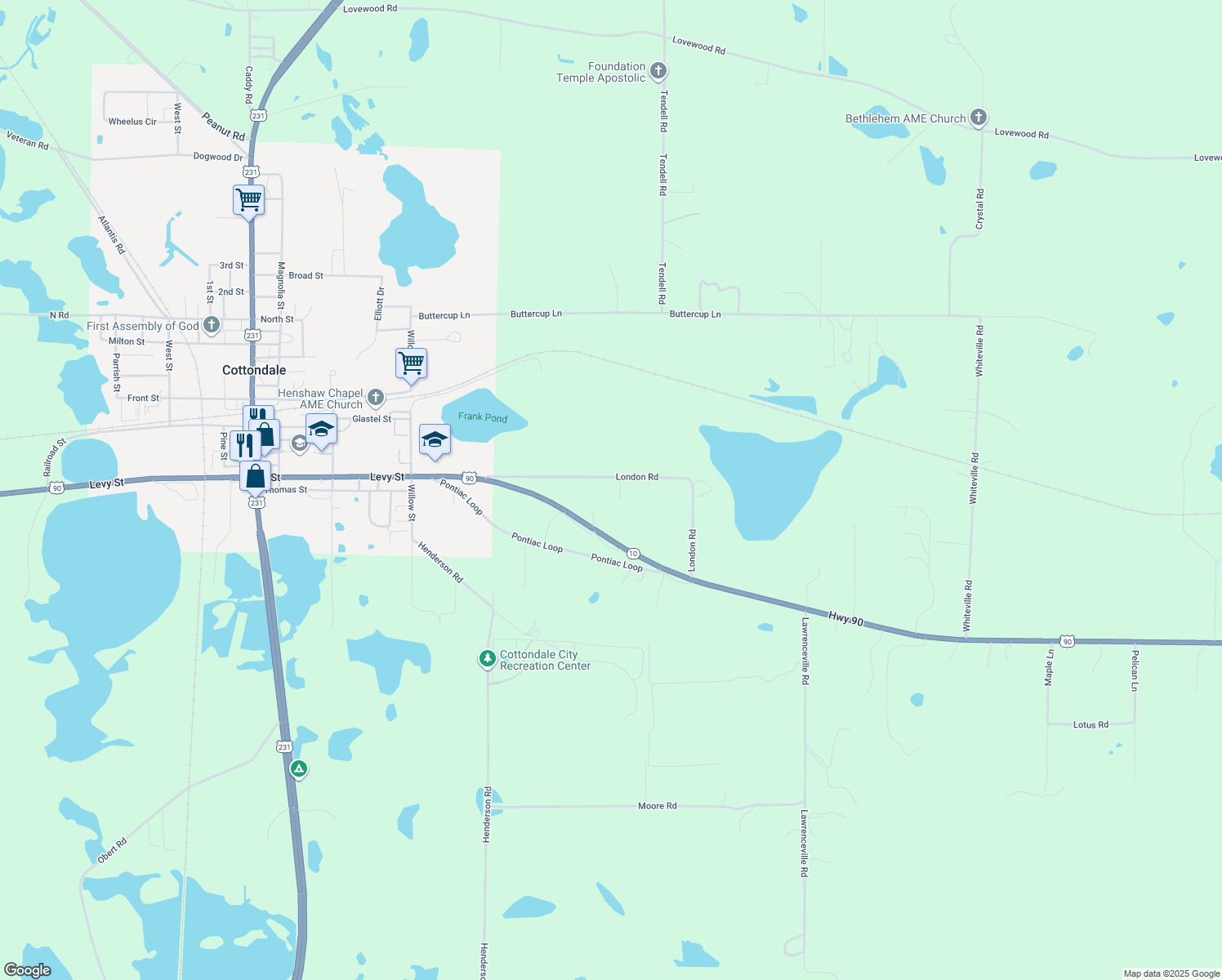 map of restaurants, bars, coffee shops, grocery stores, and more near 2877 London Road in Cottondale