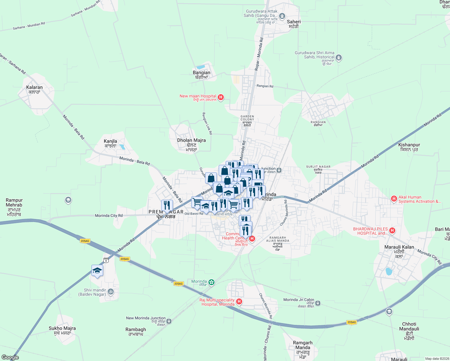 map of restaurants, bars, coffee shops, grocery stores, and more near Morinda City Road in Morinda