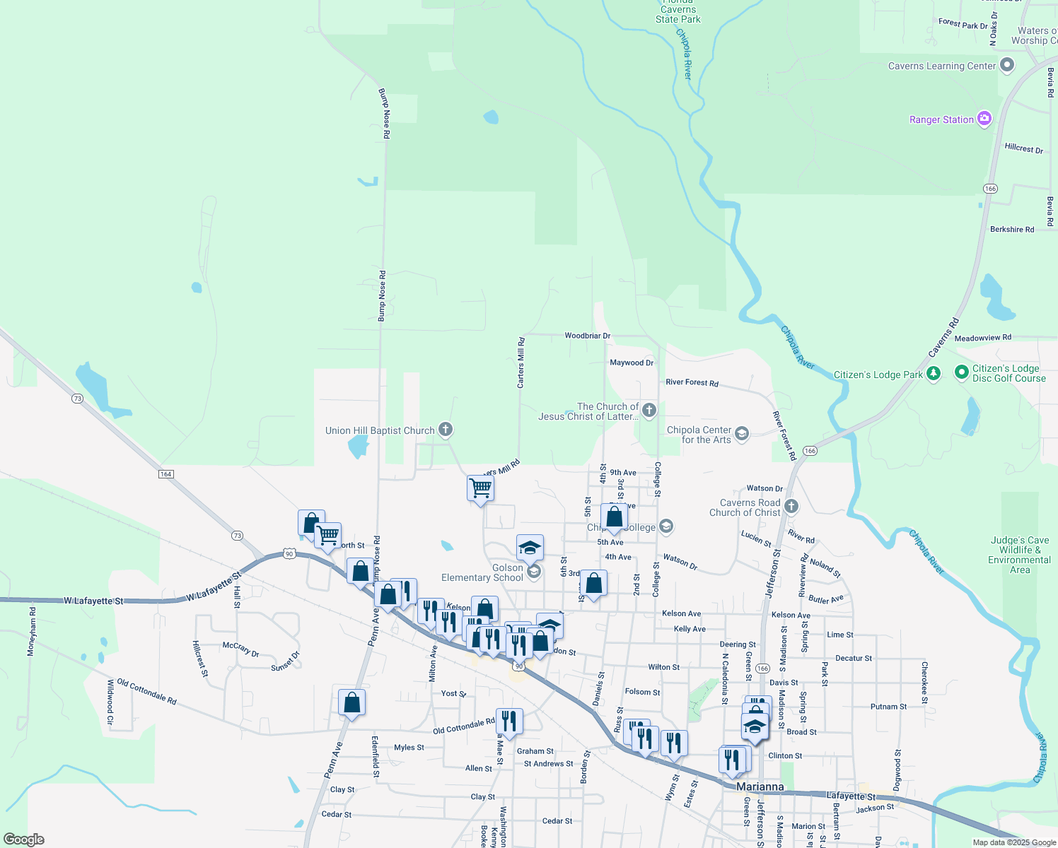 map of restaurants, bars, coffee shops, grocery stores, and more near 3132 Carters Mill Road in Marianna