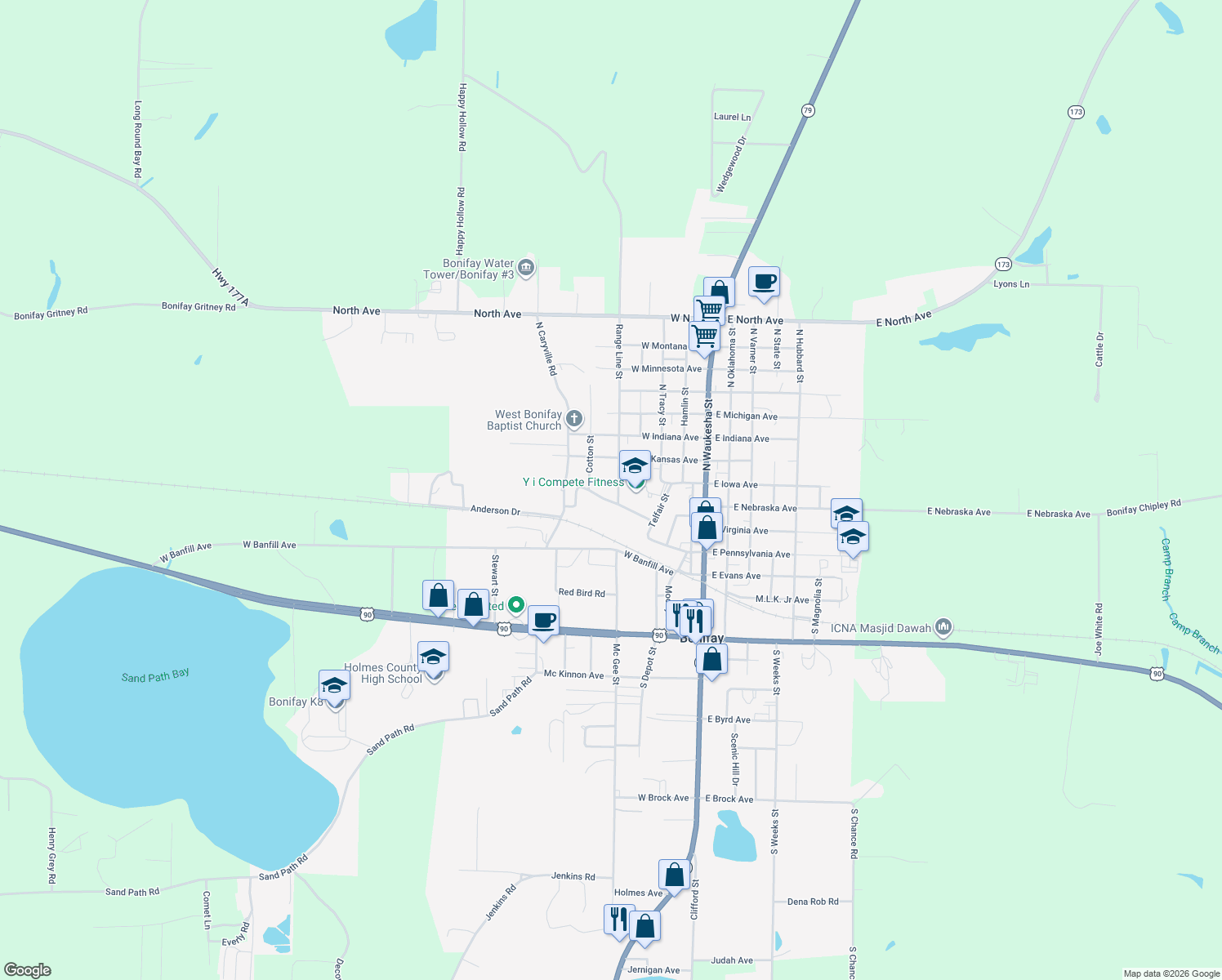 map of restaurants, bars, coffee shops, grocery stores, and more near 309 North Rangeline Street in Bonifay