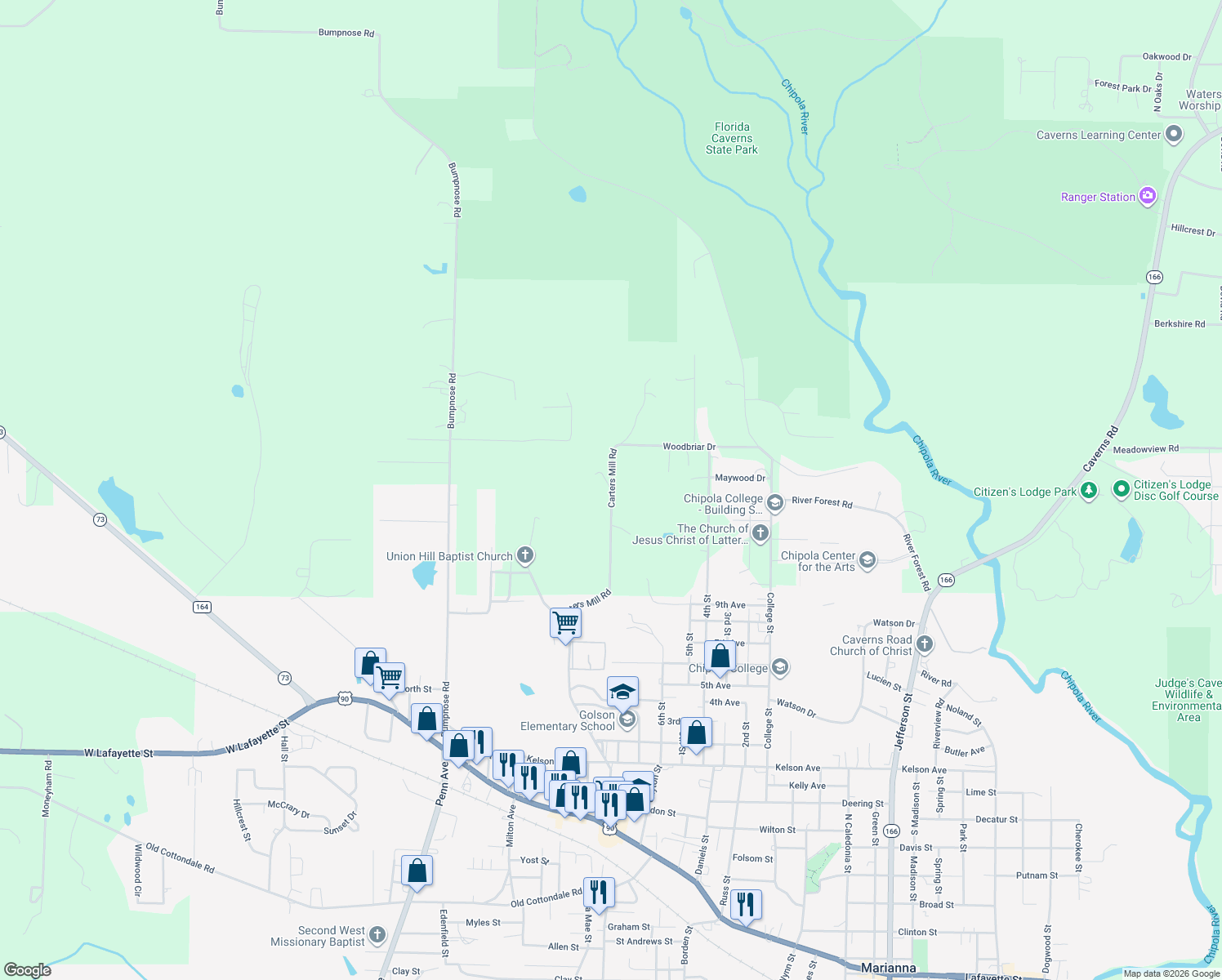 map of restaurants, bars, coffee shops, grocery stores, and more near 4249 Carters Mill Road in Marianna