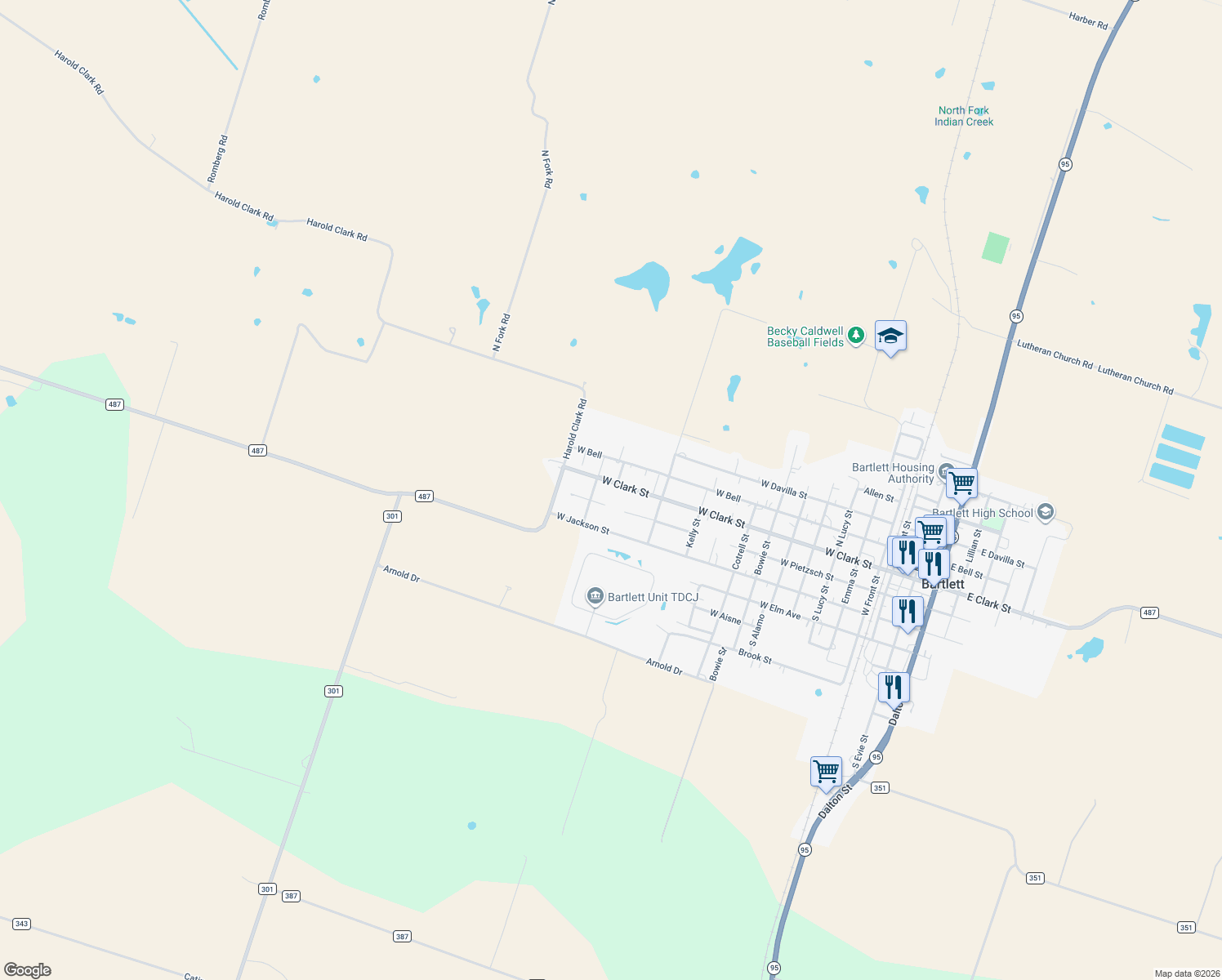 map of restaurants, bars, coffee shops, grocery stores, and more near 1305 West Clark Street in Bartlett