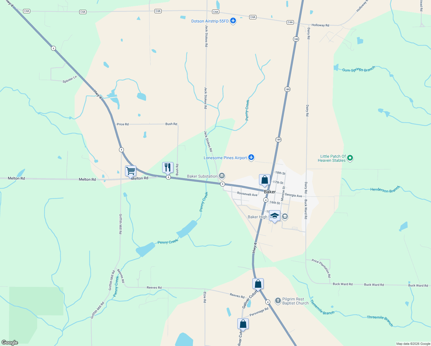 map of restaurants, bars, coffee shops, grocery stores, and more near 5810 Jack Stokes Road in Baker