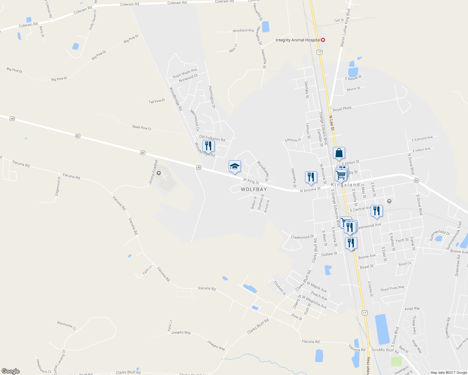 map of restaurants, bars, coffee shops, grocery stores, and more near 107 Wolf Bay Circle in Kingsland