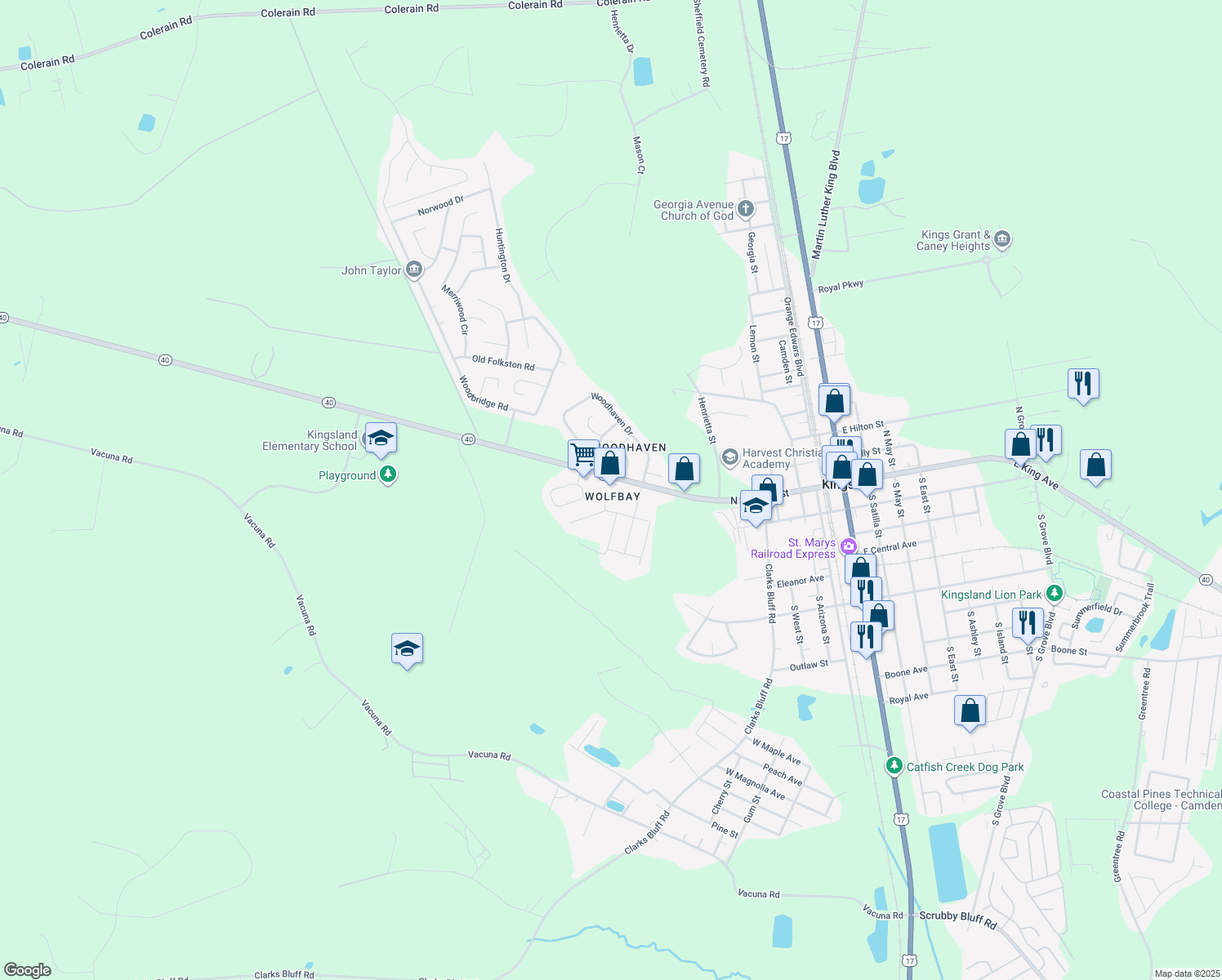 map of restaurants, bars, coffee shops, grocery stores, and more near 500 West King Street in Kingsland