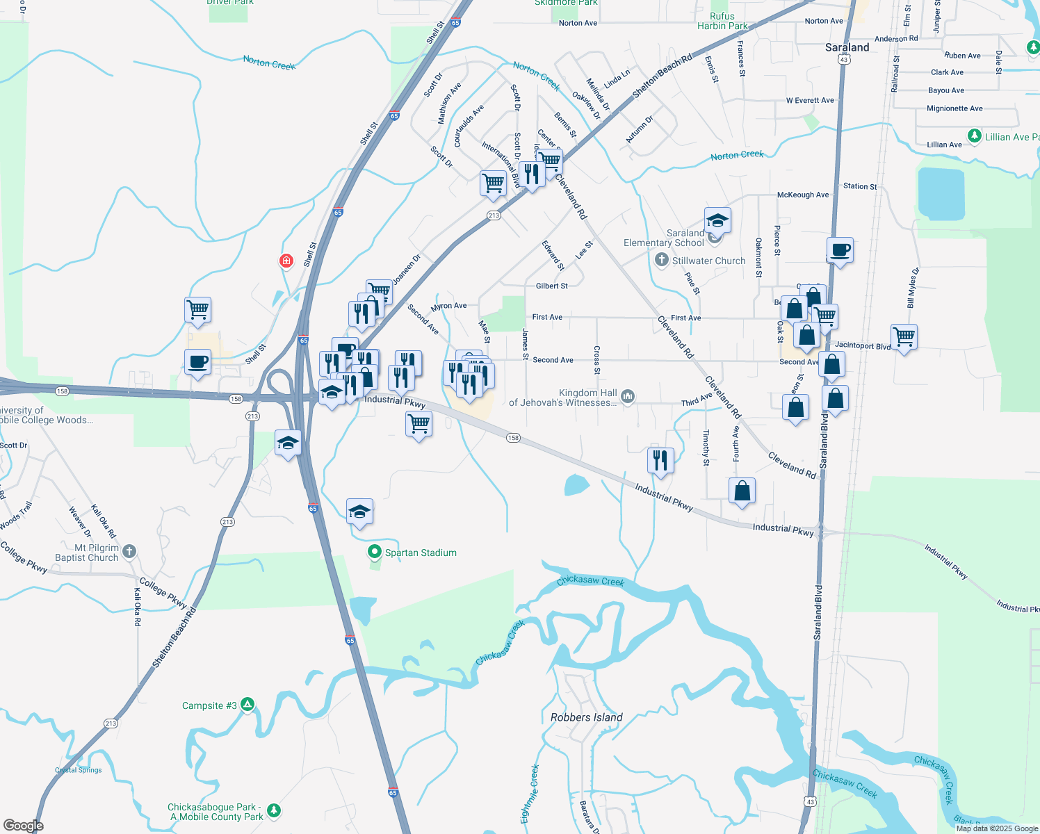 map of restaurants, bars, coffee shops, grocery stores, and more near 919 James Street in Saraland