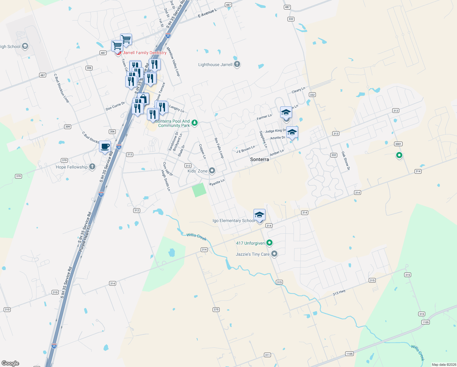 map of restaurants, bars, coffee shops, grocery stores, and more near 217 Geode Ln in Jarrell