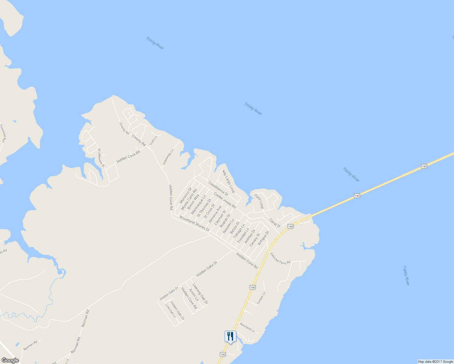 map of restaurants, bars, coffee shops, grocery stores, and more near 260 Key Largo Loop in Point Blank