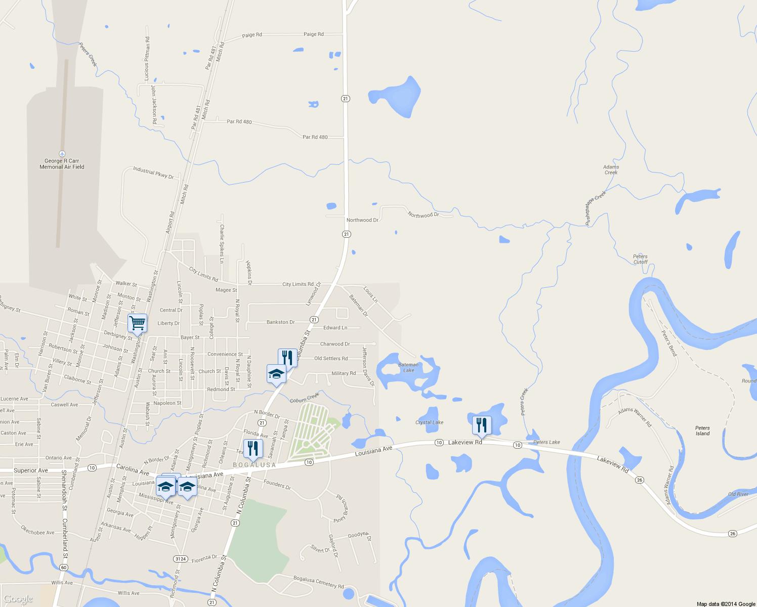 map of restaurants, bars, coffee shops, grocery stores, and more near 1712 Louis Lane in Bogalusa