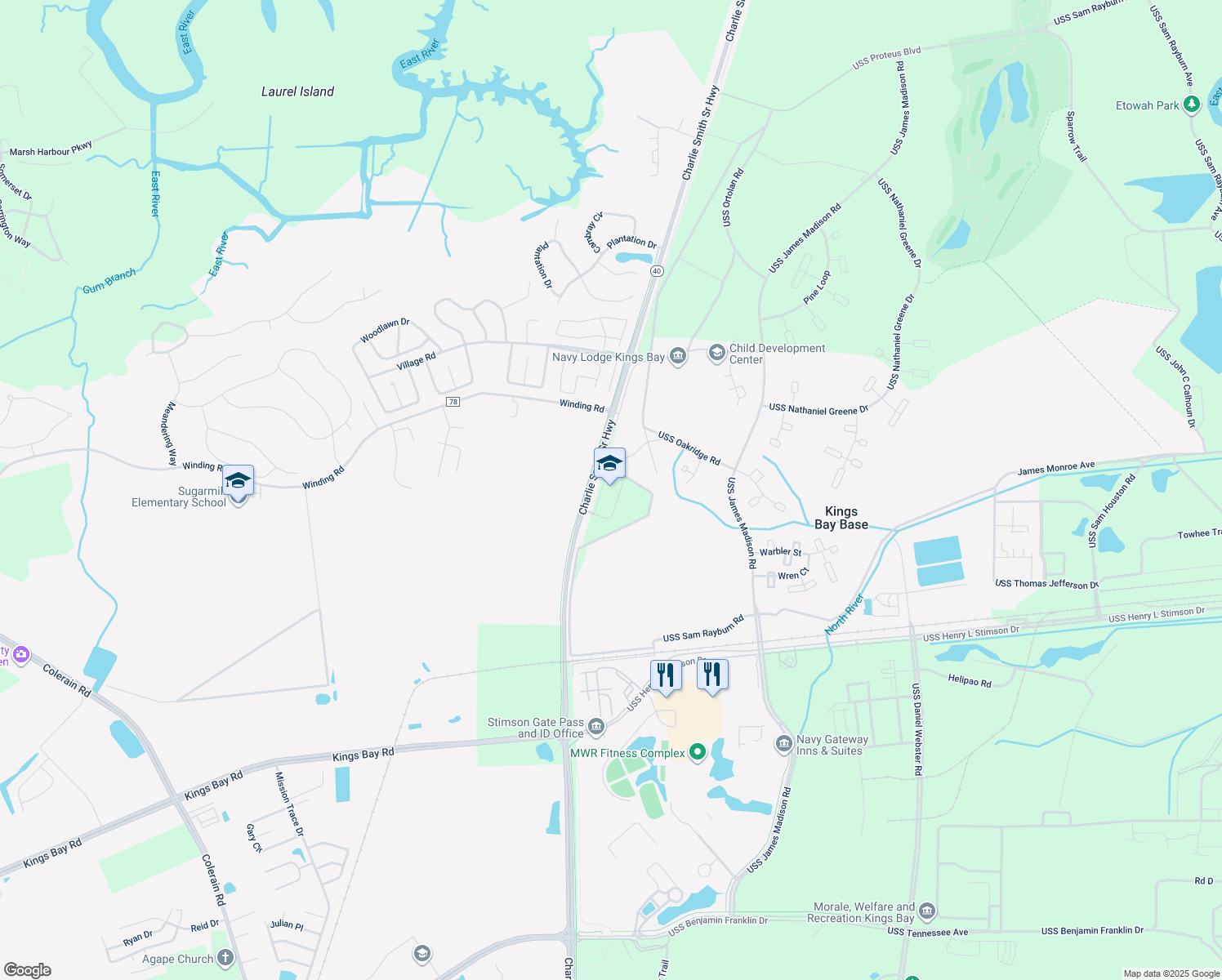 map of restaurants, bars, coffee shops, grocery stores, and more near 3570 Charlie Smith Sr Highway in Saint Marys