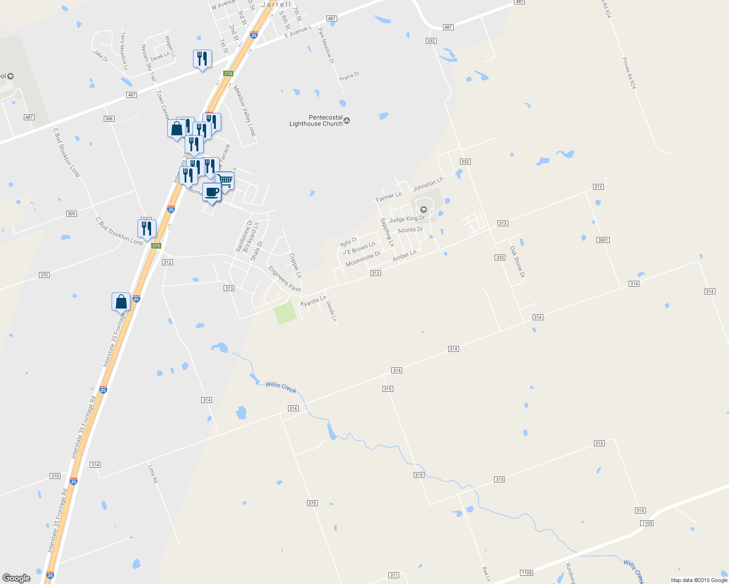map of restaurants, bars, coffee shops, grocery stores, and more near 1250 County Road 313 in Jarrell