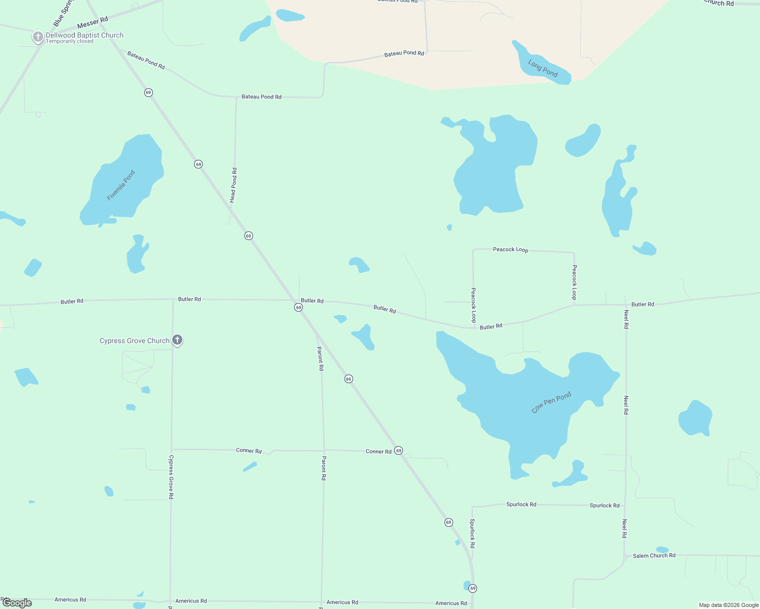 map of restaurants, bars, coffee shops, grocery stores, and more near 6808 Butler Road in Grand Ridge
