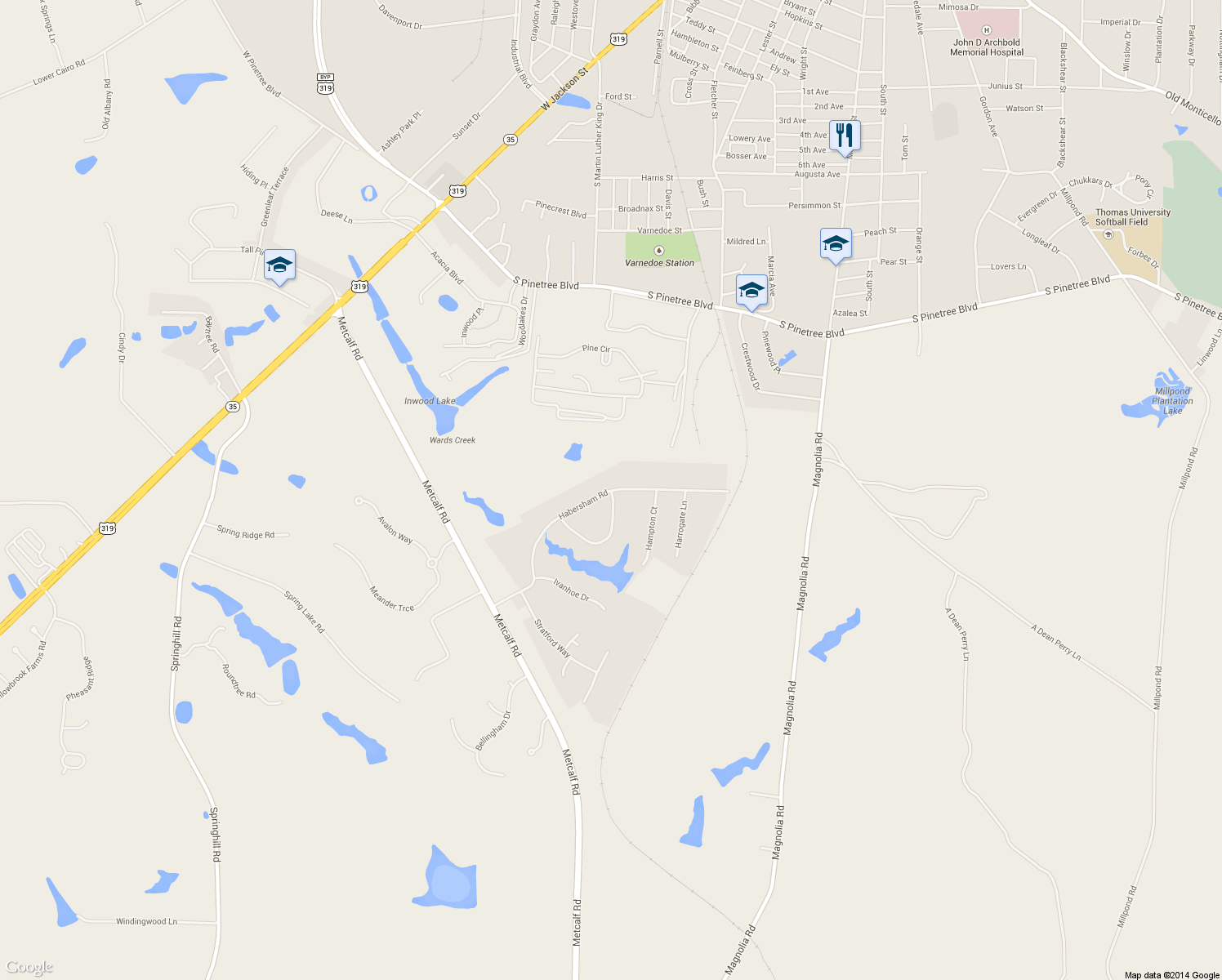 map of restaurants, bars, coffee shops, grocery stores, and more near 401 Habersham Road in Thomasville