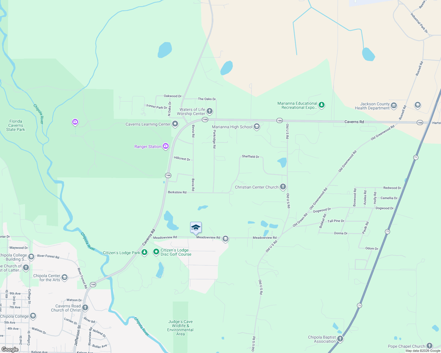 map of restaurants, bars, coffee shops, grocery stores, and more near 3308 Parkridge Road in Marianna