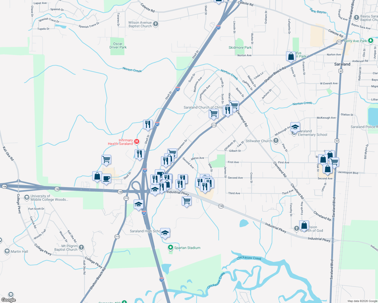 map of restaurants, bars, coffee shops, grocery stores, and more near 1001 Shelton Beach Rd in Saraland