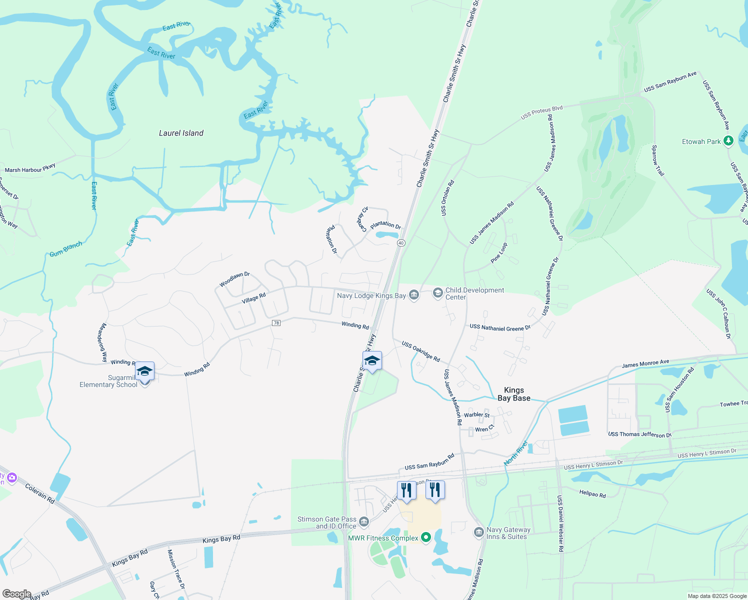 map of restaurants, bars, coffee shops, grocery stores, and more near 102 Piper Cove in St Marys