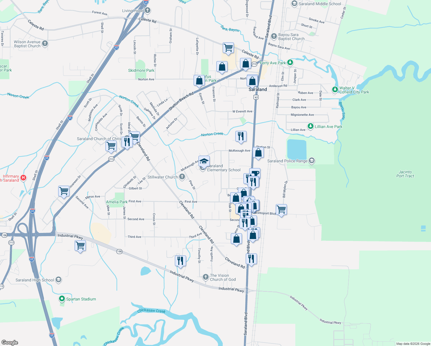 map of restaurants, bars, coffee shops, grocery stores, and more near 516 Strange Avenue in Saraland