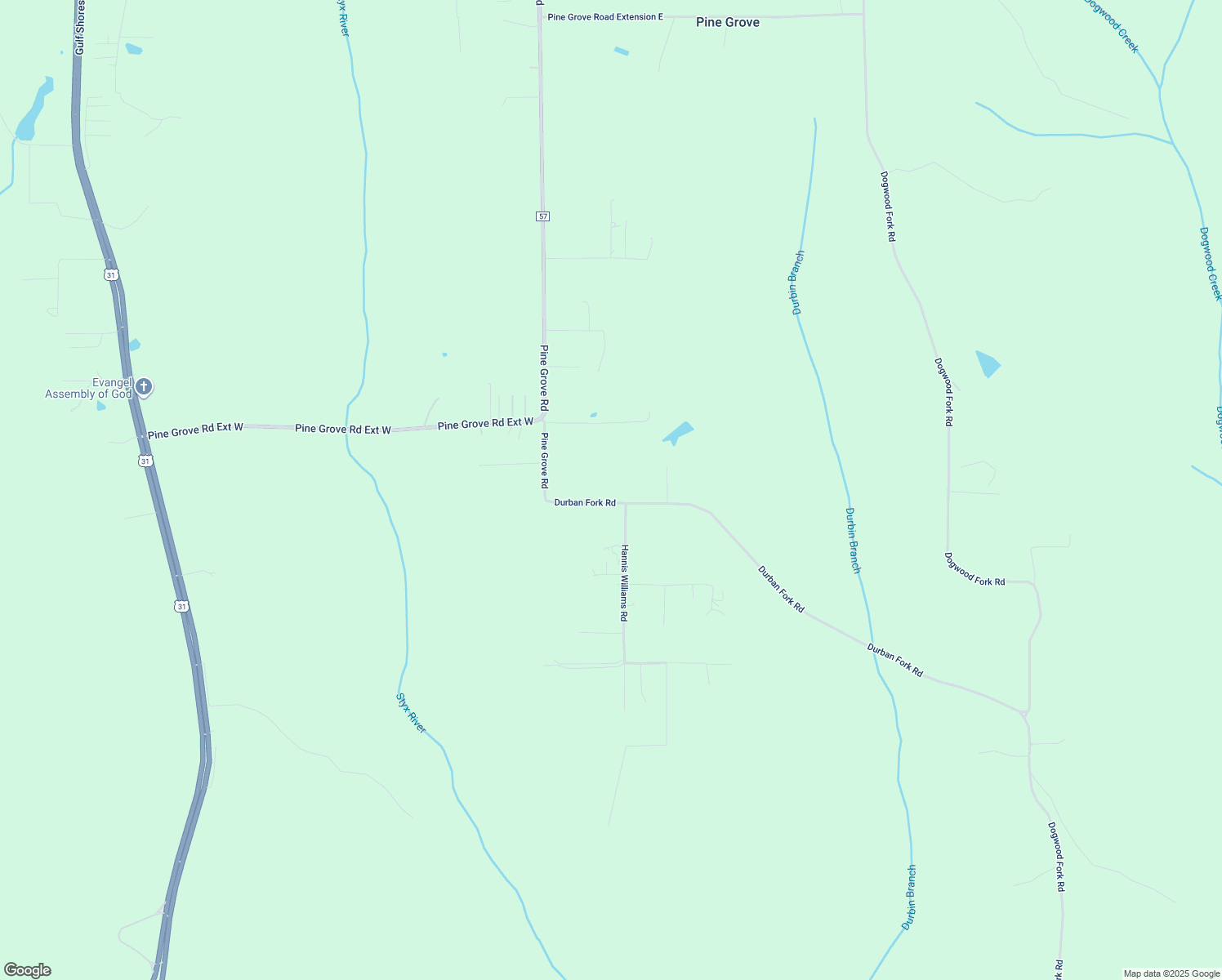 map of restaurants, bars, coffee shops, grocery stores, and more near 16207 Durban Fork Rd in Bay Minette