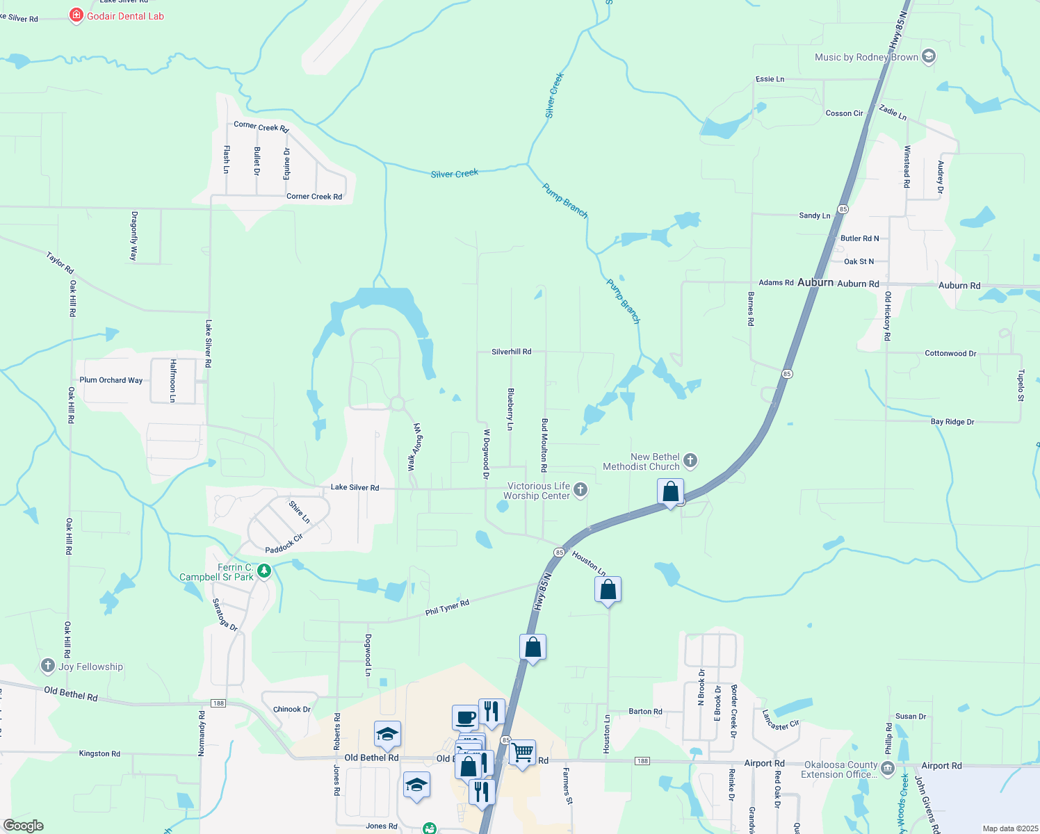 map of restaurants, bars, coffee shops, grocery stores, and more near 6051 Blueberry Lane in Crestview
