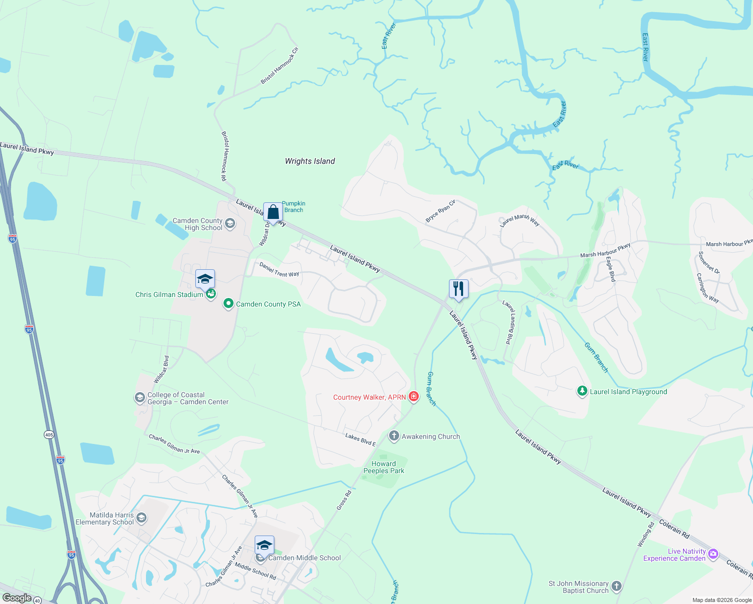 map of restaurants, bars, coffee shops, grocery stores, and more near 328 Daniel Trent Way in Kingsland