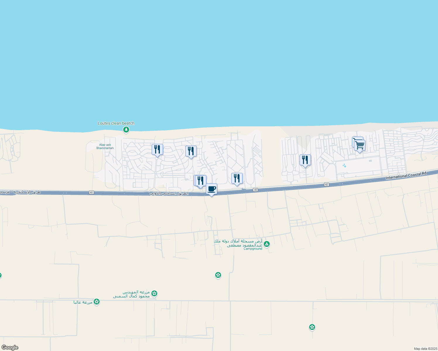 map of restaurants, bars, coffee shops, grocery stores, and more near Alexandria - Marsa Matrouh Road in North Coast