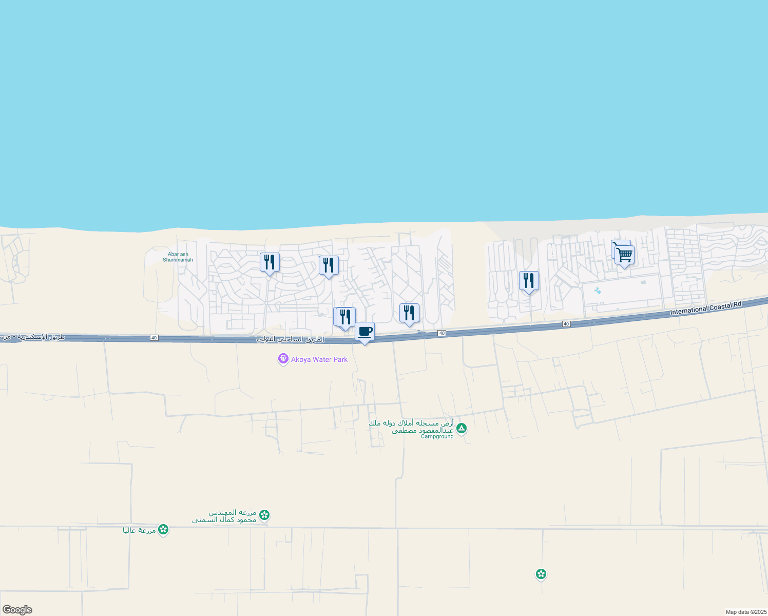 map of restaurants, bars, coffee shops, grocery stores, and more near Alexandria - Marsa Matrouh Road in North Coast