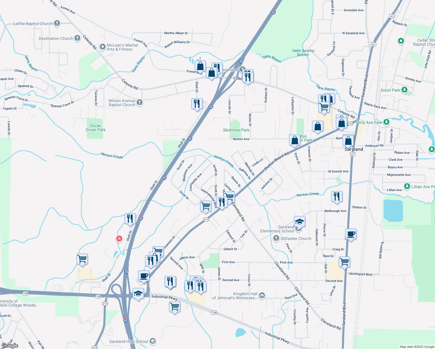 map of restaurants, bars, coffee shops, grocery stores, and more near 434 Scott Drive in Saraland