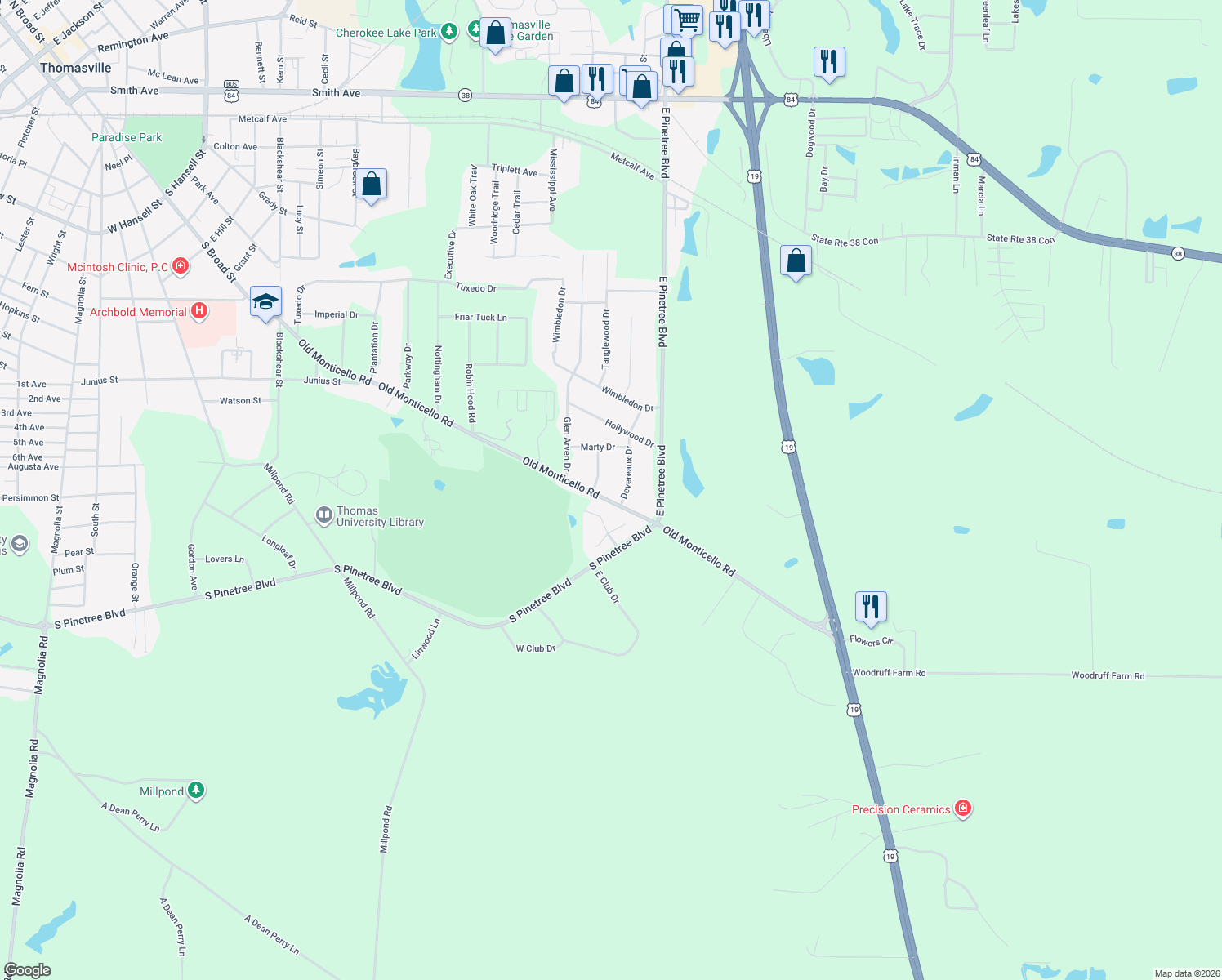 map of restaurants, bars, coffee shops, grocery stores, and more near 2105 Old Monticello Road in Thomasville