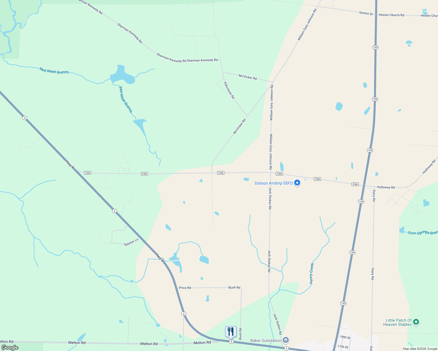 map of restaurants, bars, coffee shops, grocery stores, and more near 6099 Gibson Road in Baker