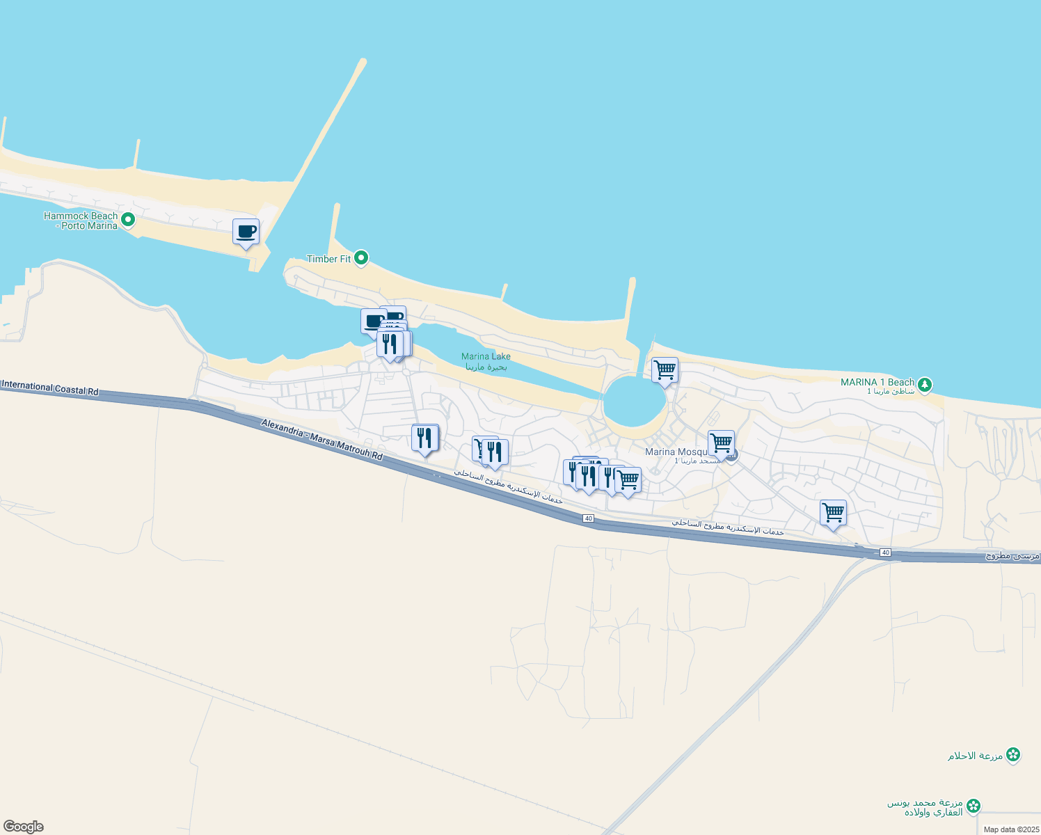 map of restaurants, bars, coffee shops, grocery stores, and more near in Marina El Alamein