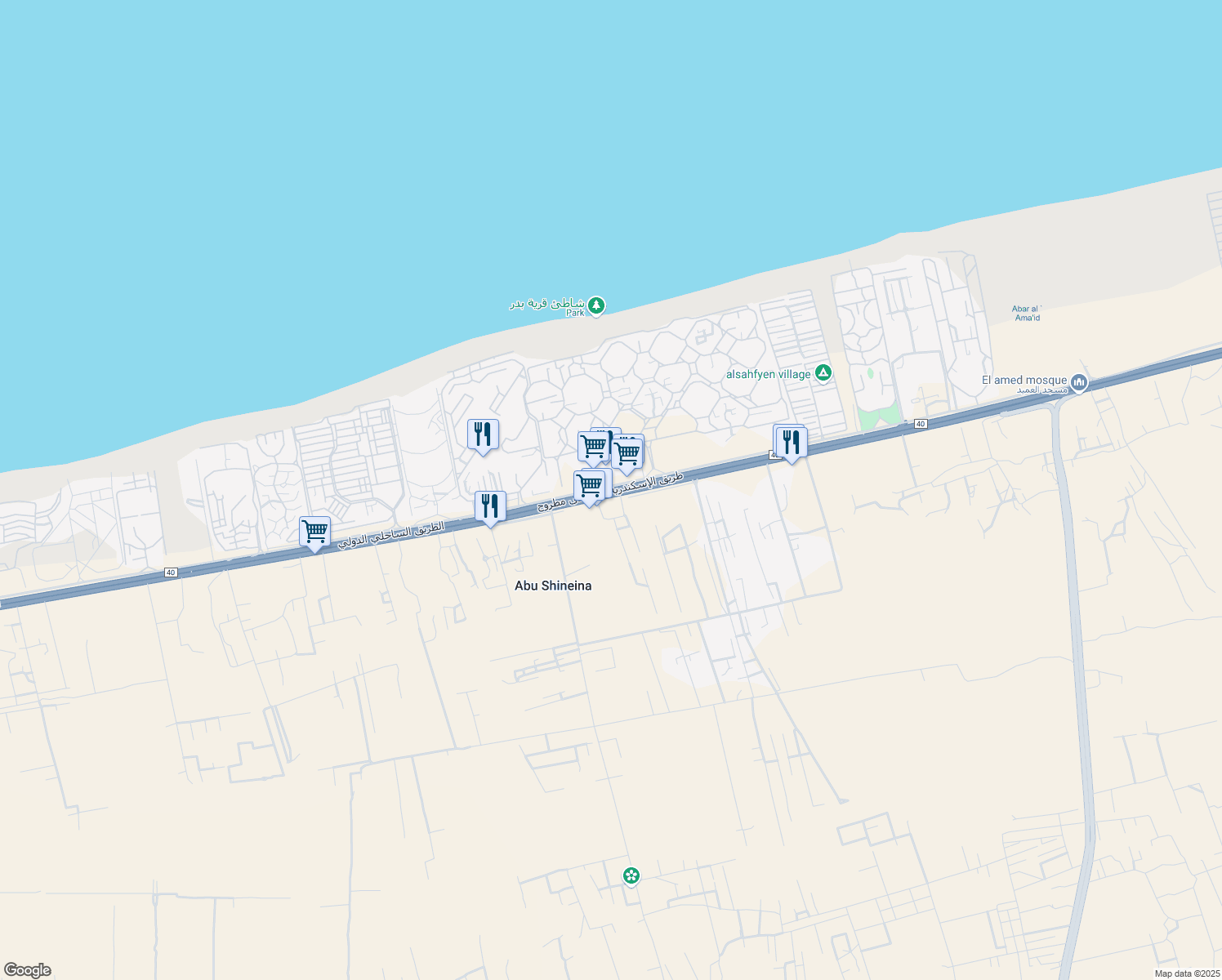map of restaurants, bars, coffee shops, grocery stores, and more near 81 Alexandria - Marsa Matrouh Road in North Coast