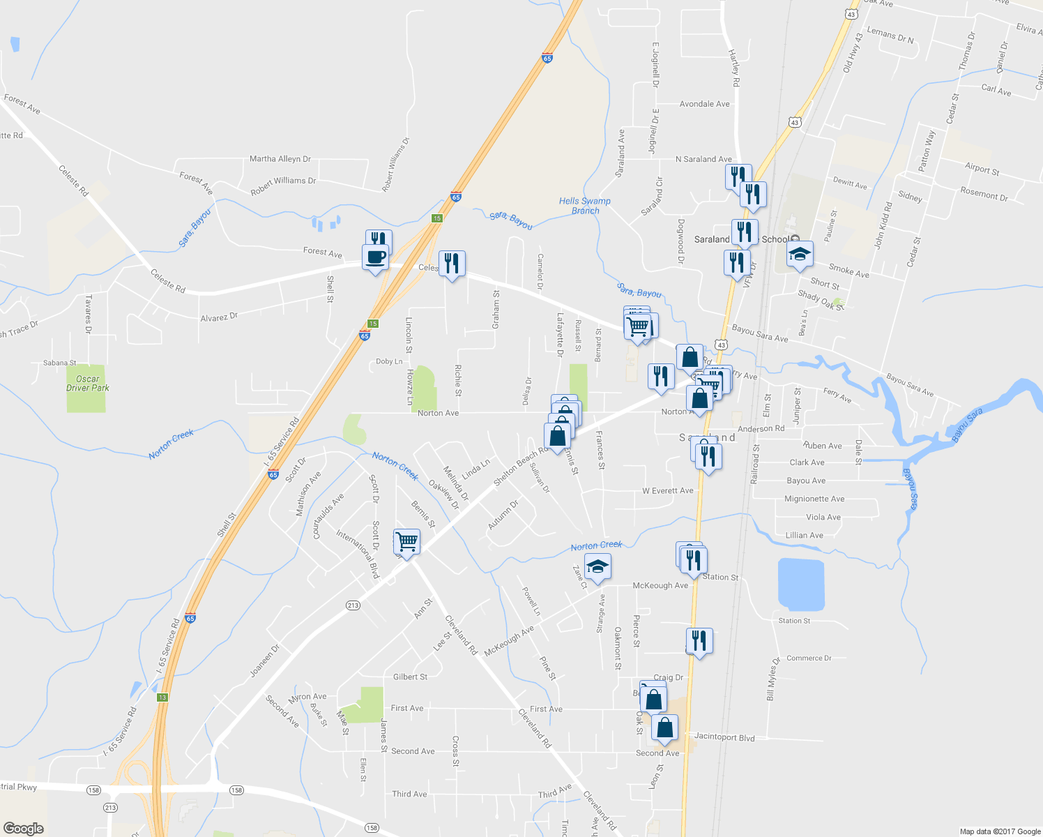 map of restaurants, bars, coffee shops, grocery stores, and more near 407 Norton Avenue in Saraland