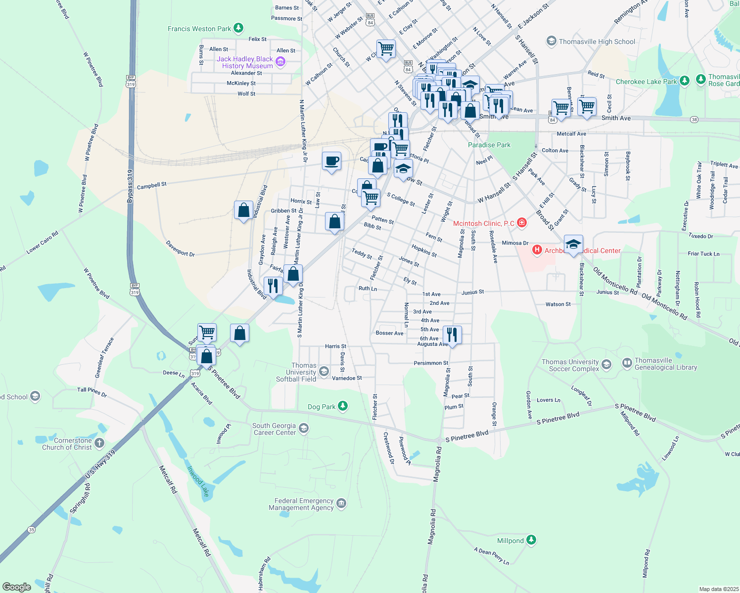 map of restaurants, bars, coffee shops, grocery stores, and more near 1306 Fletcher Street in Thomasville