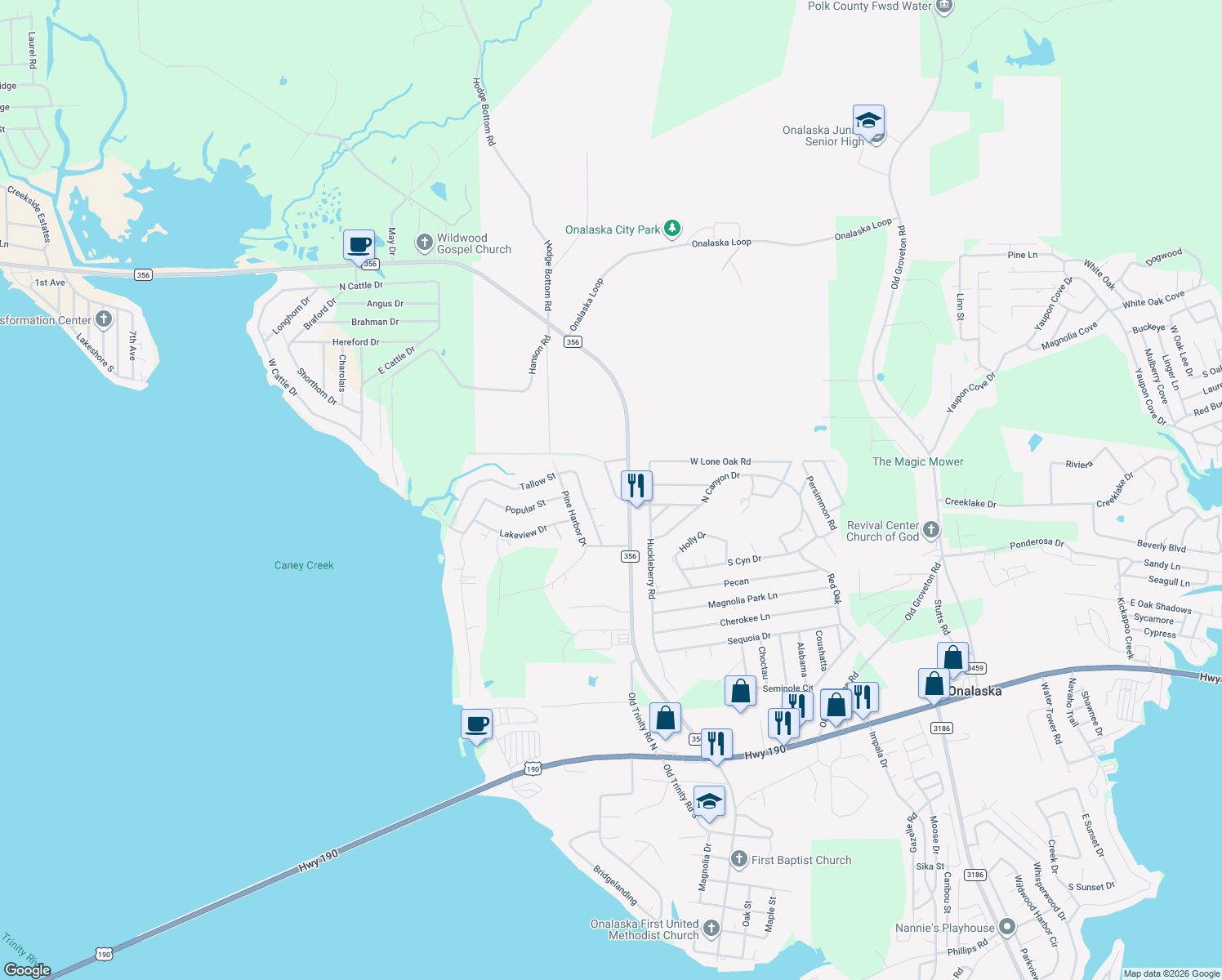 map of restaurants, bars, coffee shops, grocery stores, and more near 173 Yaupon Harbor in Onalaska