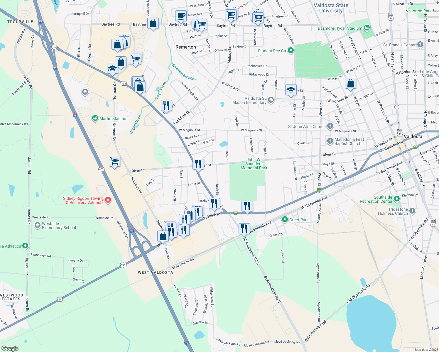map of restaurants, bars, coffee shops, grocery stores, and more near 233 Beck Street in Valdosta