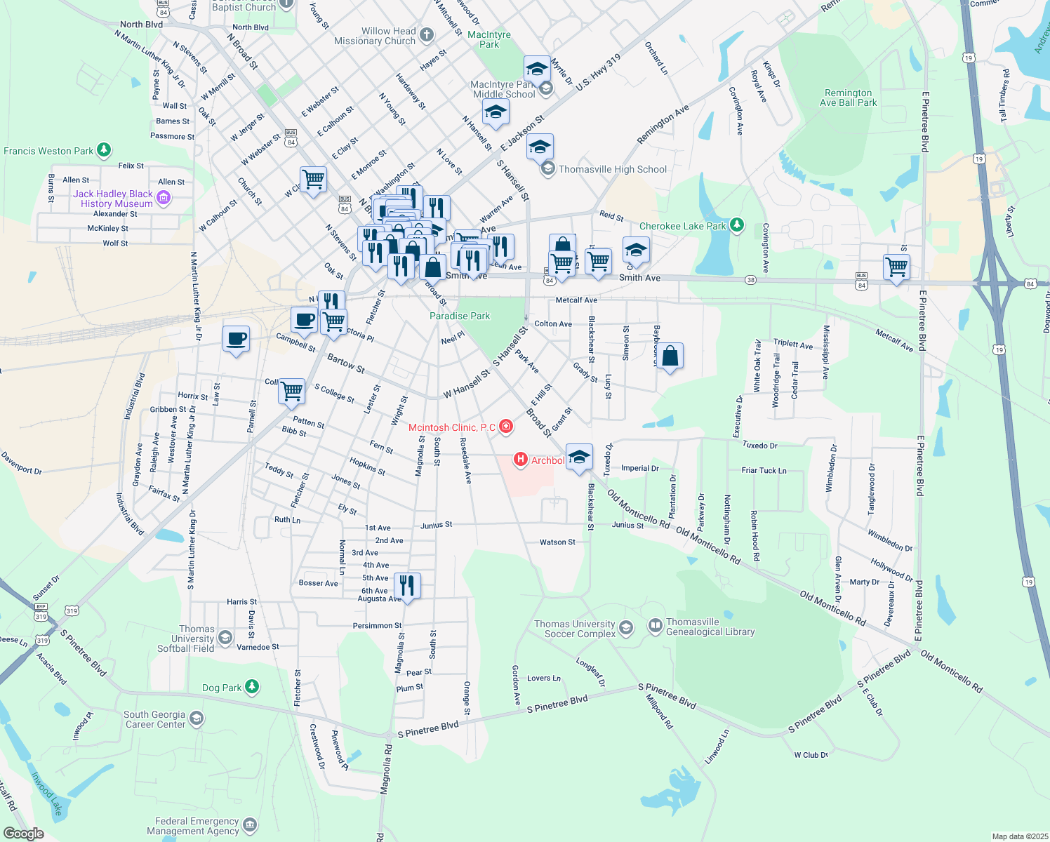map of restaurants, bars, coffee shops, grocery stores, and more near 910 South Broad Street in Thomasville