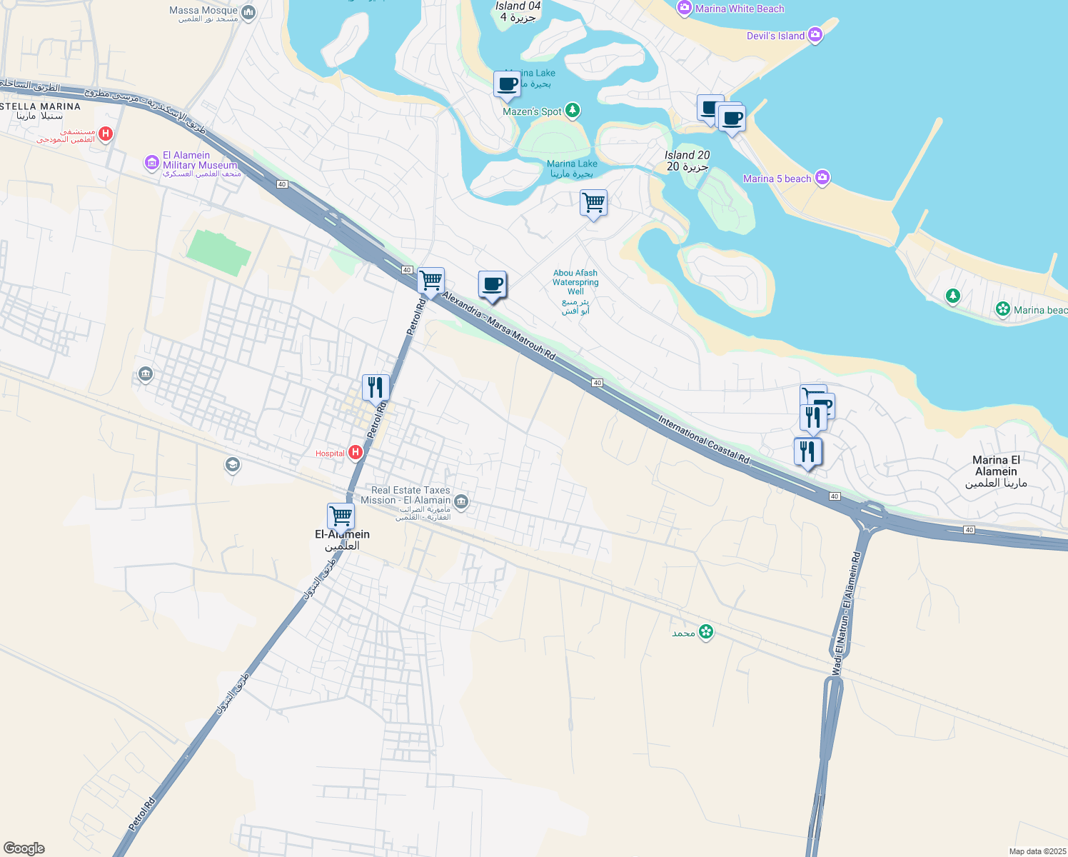 map of restaurants, bars, coffee shops, grocery stores, and more near in El Alamein