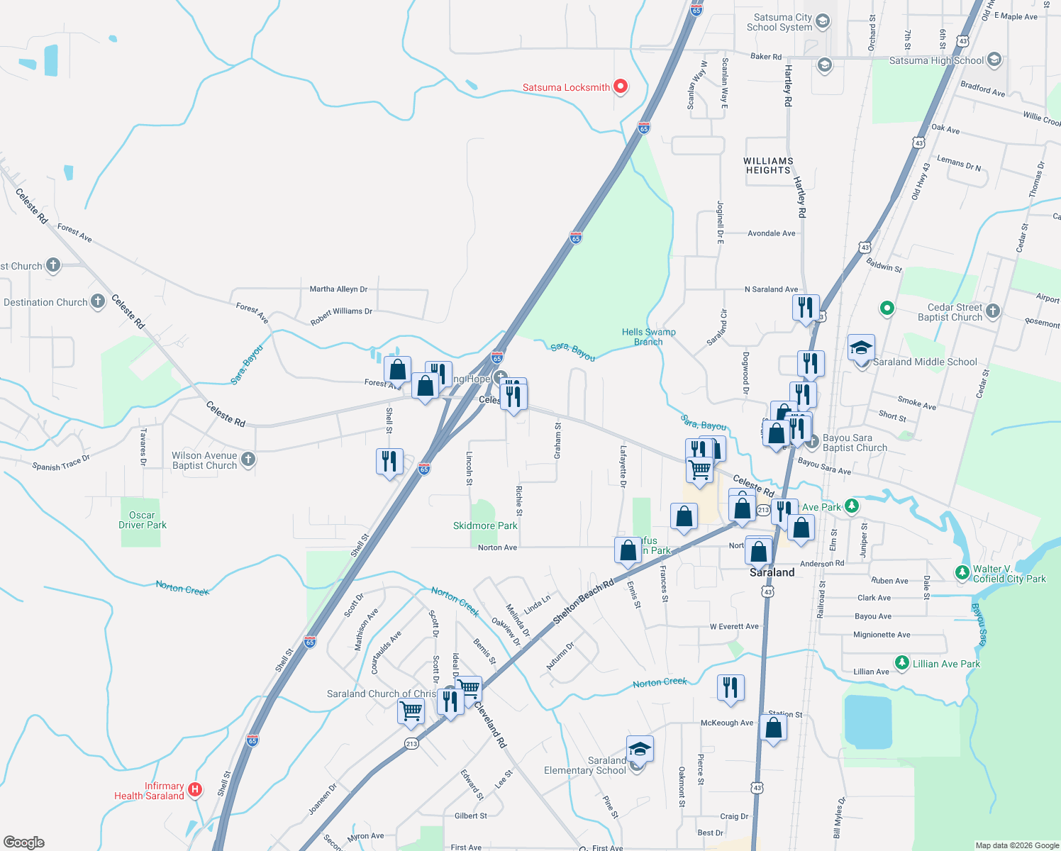 map of restaurants, bars, coffee shops, grocery stores, and more near 525 Celeste Road in Saraland