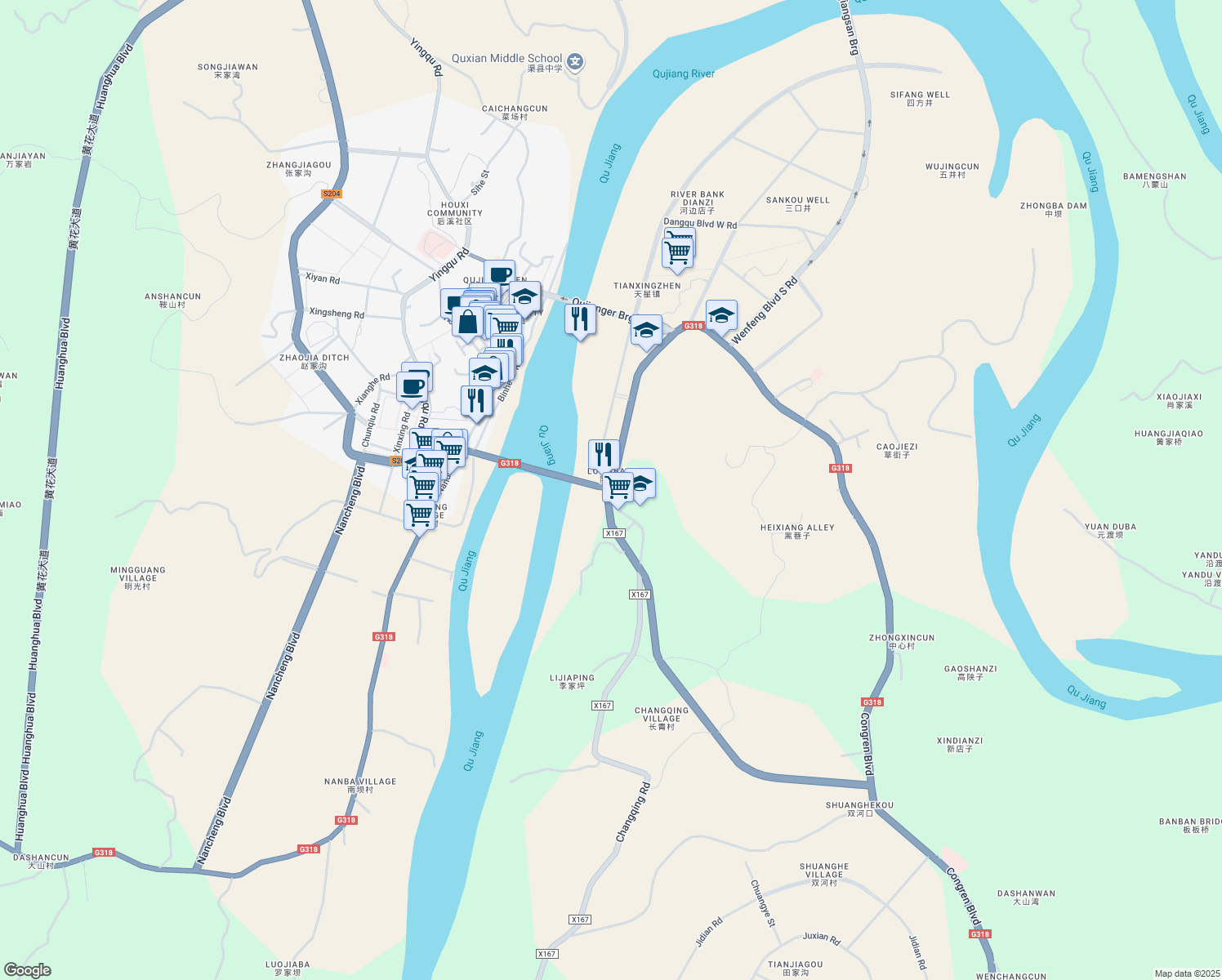 map of restaurants, bars, coffee shops, grocery stores, and more near Chang Qing Lu in Da Zhou Shi