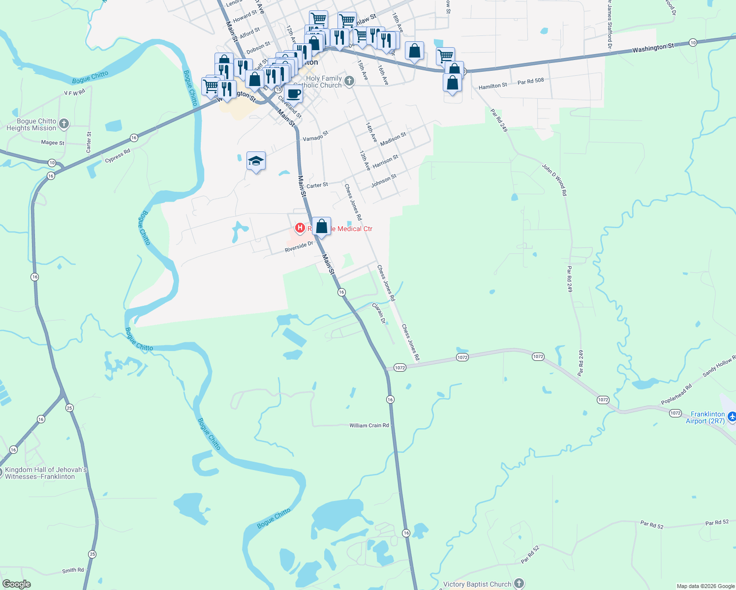 map of restaurants, bars, coffee shops, grocery stores, and more near 44745 Old Union Rd in Franklinton