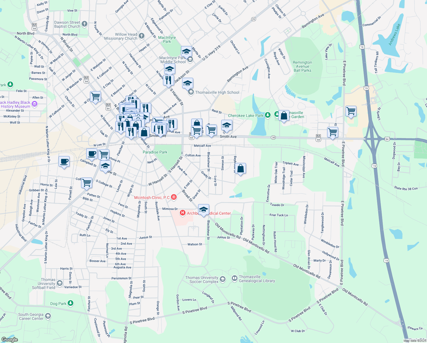 map of restaurants, bars, coffee shops, grocery stores, and more near 108 Lucy St in Thomasville