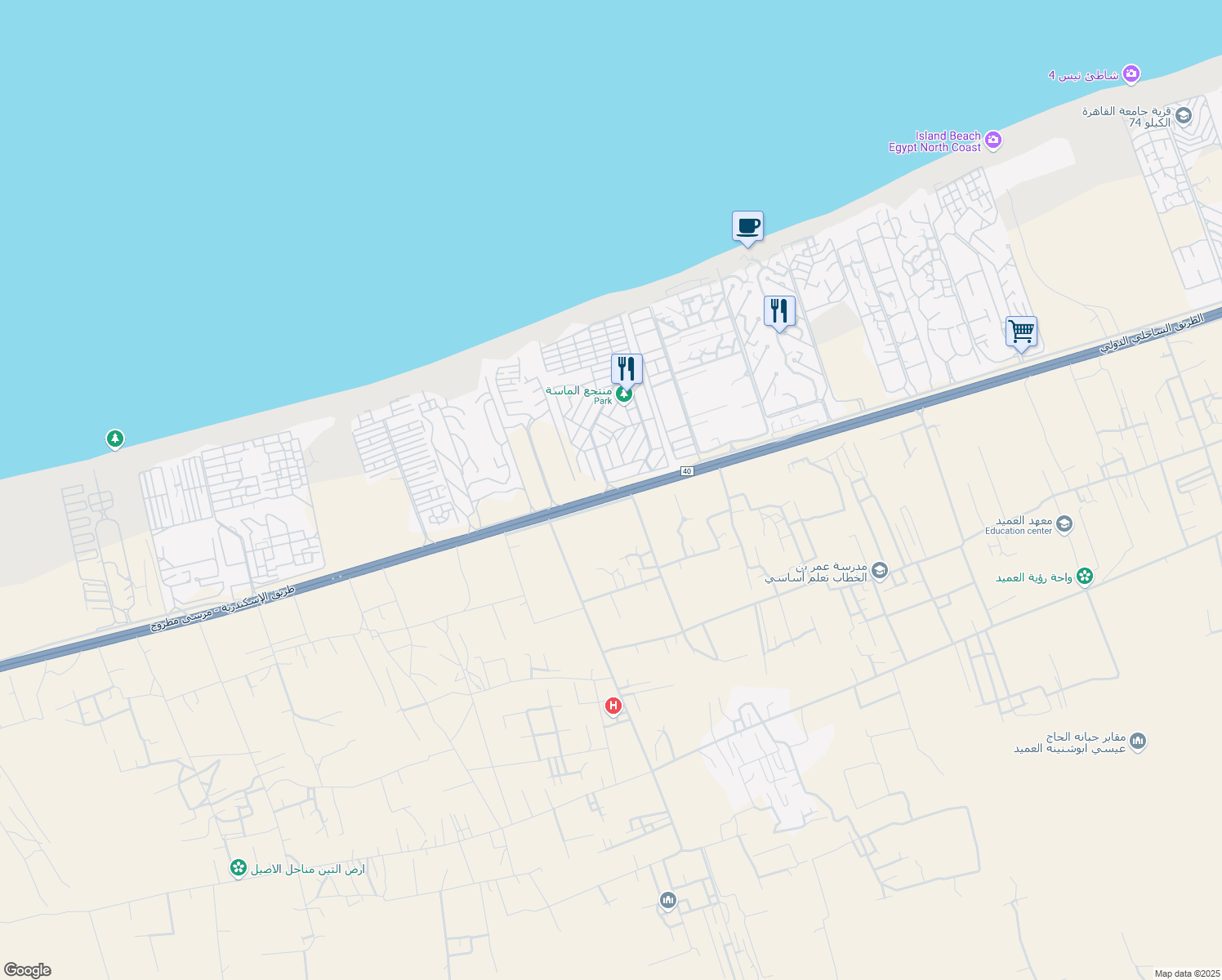 map of restaurants, bars, coffee shops, grocery stores, and more near طريق اسكندرية مطروح الصحراوى in الساحل الشمالى
