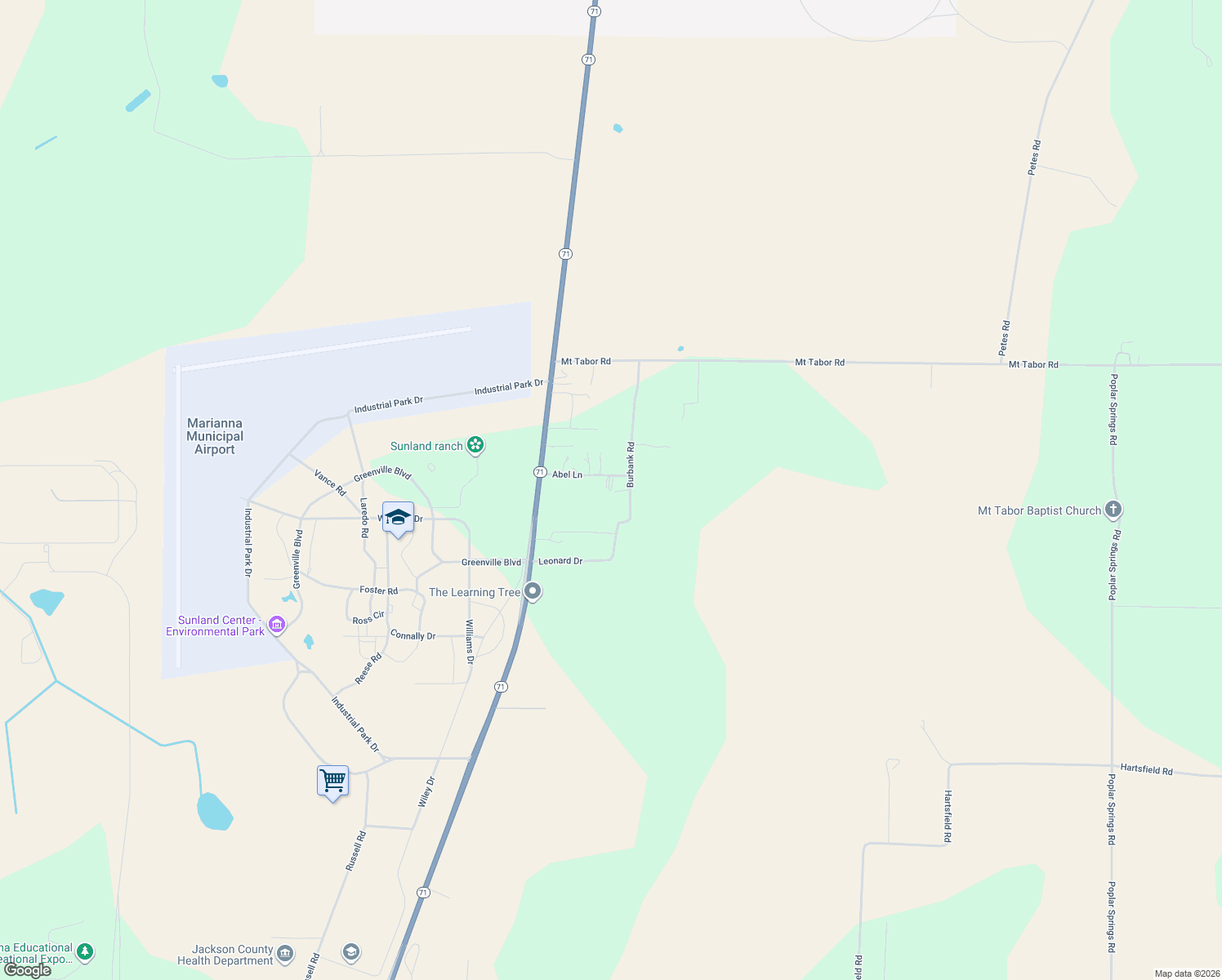 map of restaurants, bars, coffee shops, grocery stores, and more near 5187 Abel Ln in Marianna