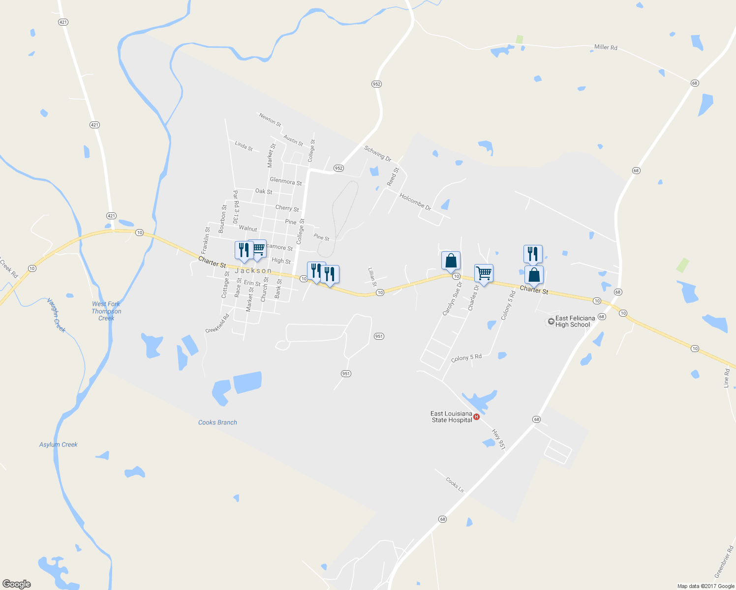 map of restaurants, bars, coffee shops, grocery stores, and more near 2256 Louisiana 10 in Jackson