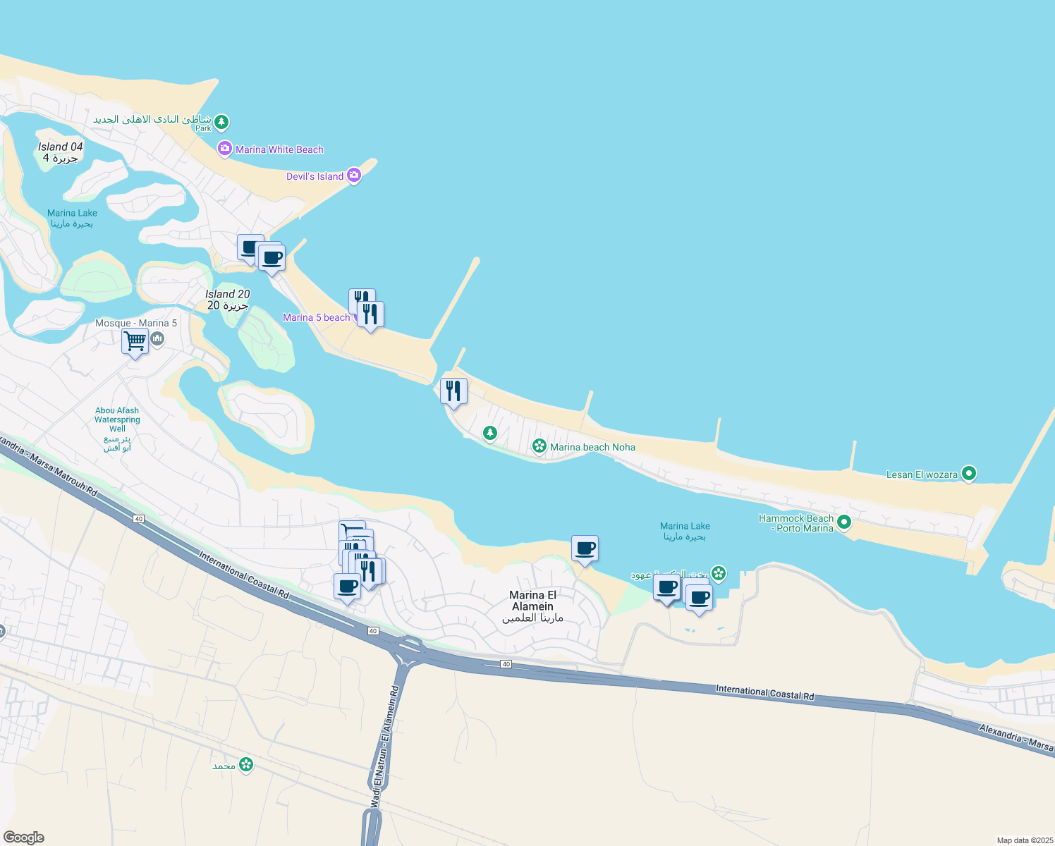 map of restaurants, bars, coffee shops, grocery stores, and more near in Marina El Alamein