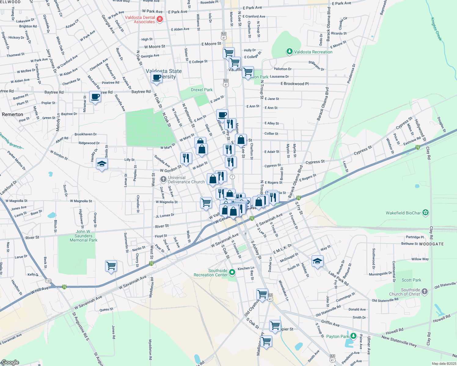 map of restaurants, bars, coffee shops, grocery stores, and more near 112 East Rogers Street in Valdosta