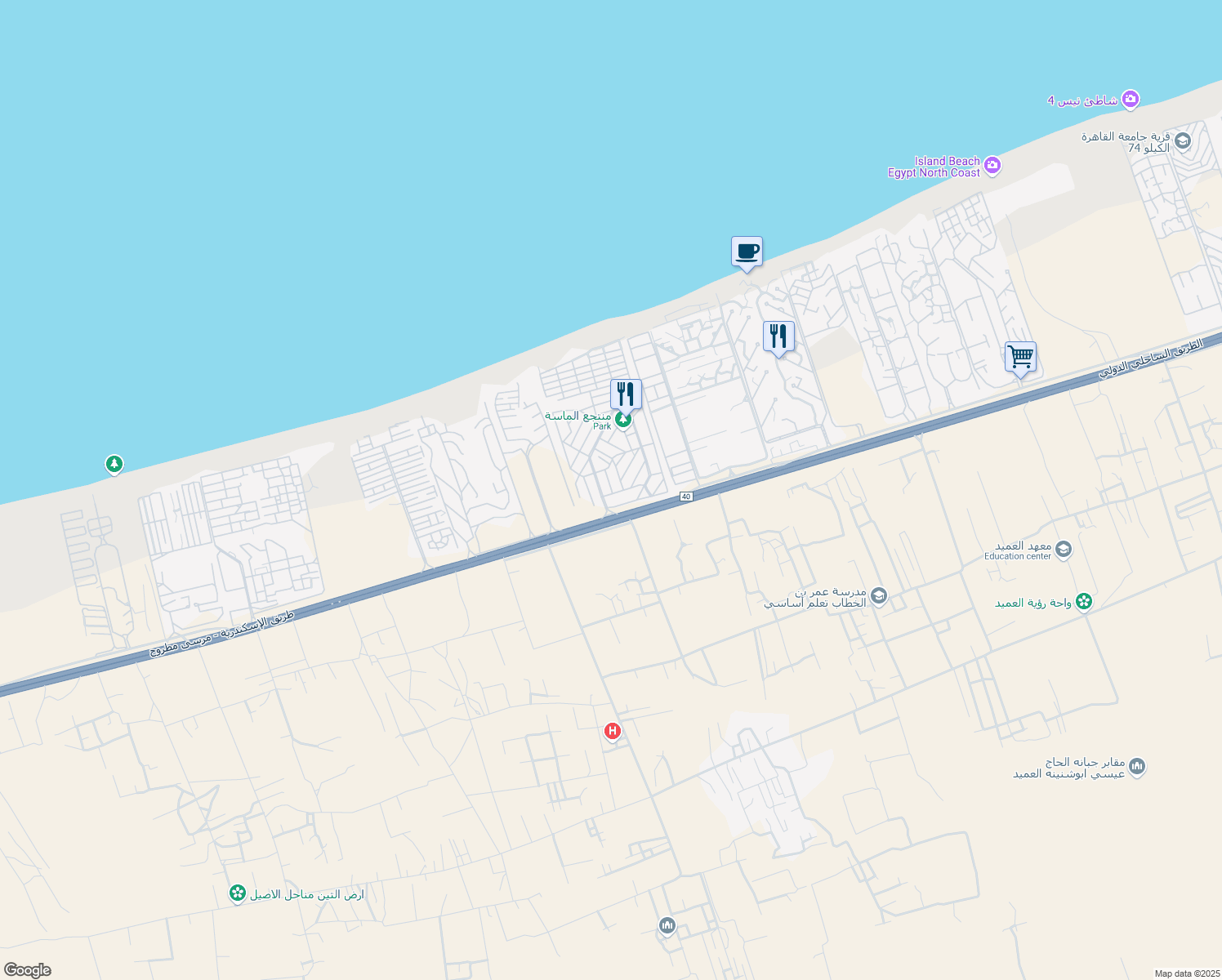 map of restaurants, bars, coffee shops, grocery stores, and more near طريق اسكندرية مطروح الصحراوى in الساحل الشمالى